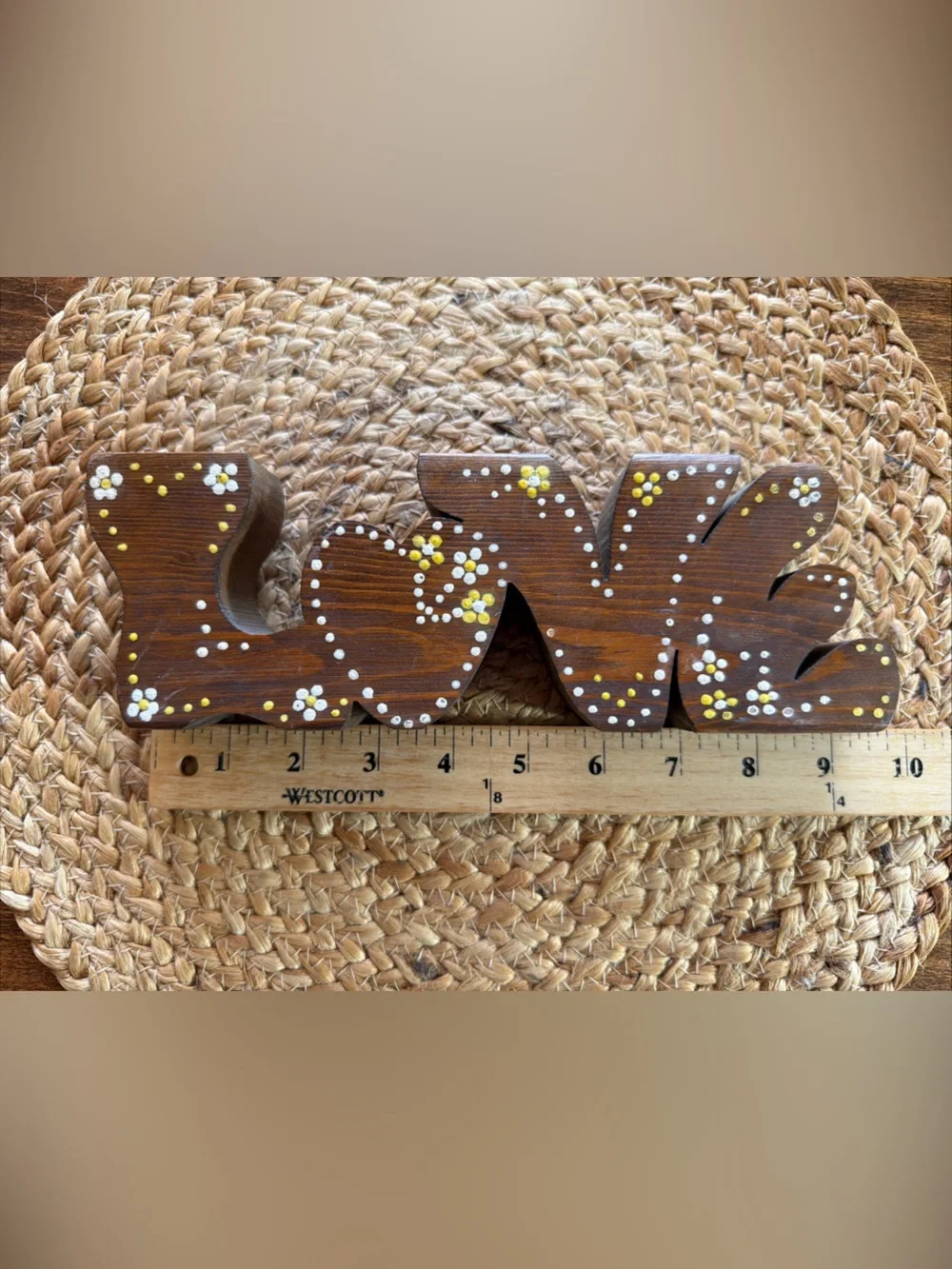 Vintage 70’s Wooden 'Love' Decorative Sign in Brown with Yellow White Accents